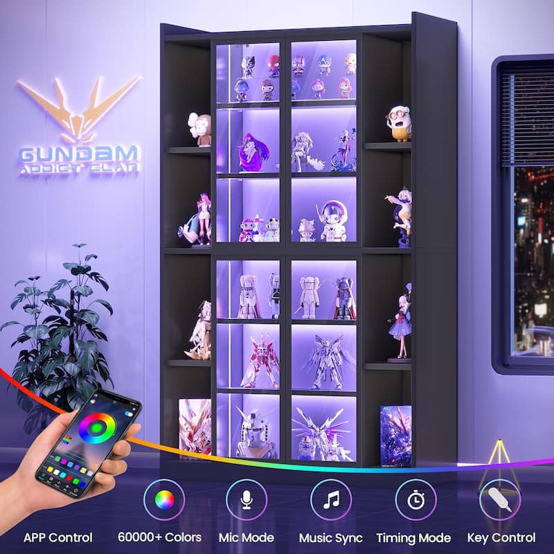 Display Cabinet Glass Doors 6 Tier Tall Bookcase LED Lights Curio Cabinet Adjustable Shelves