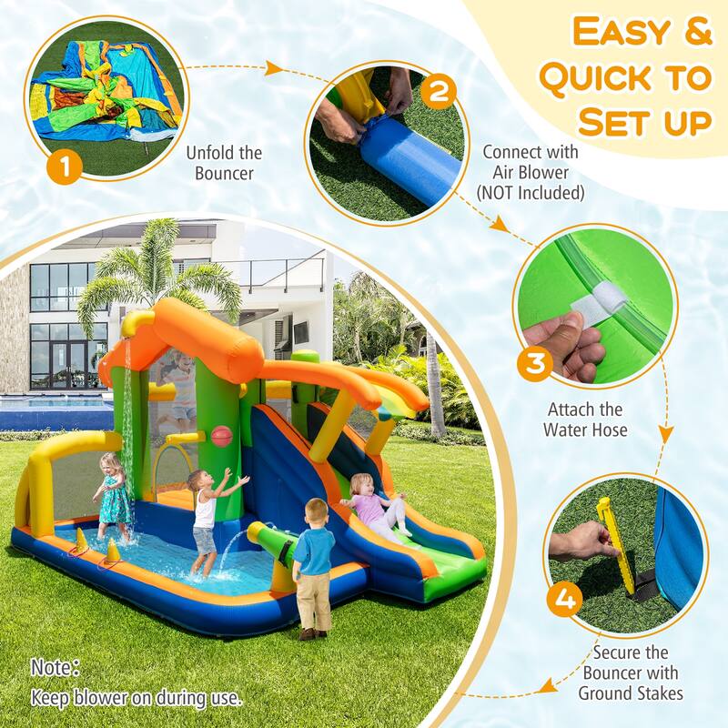 Gymax 8-in-1 Inflatable Bounce House Water Park w/ Slide Water Cannon - Multicolors