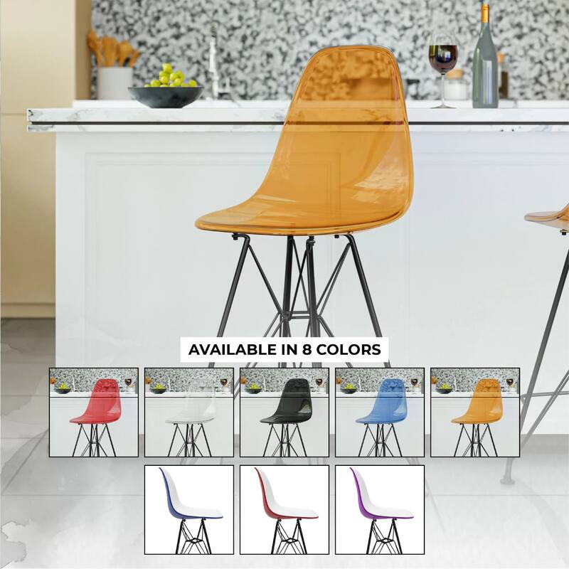 Cresco Acrylic Barstool in Brushed Black Steel Base with Ergonomic Seat, Footrest, & Floor Pads for Kitchen or Home Bar Set of 2