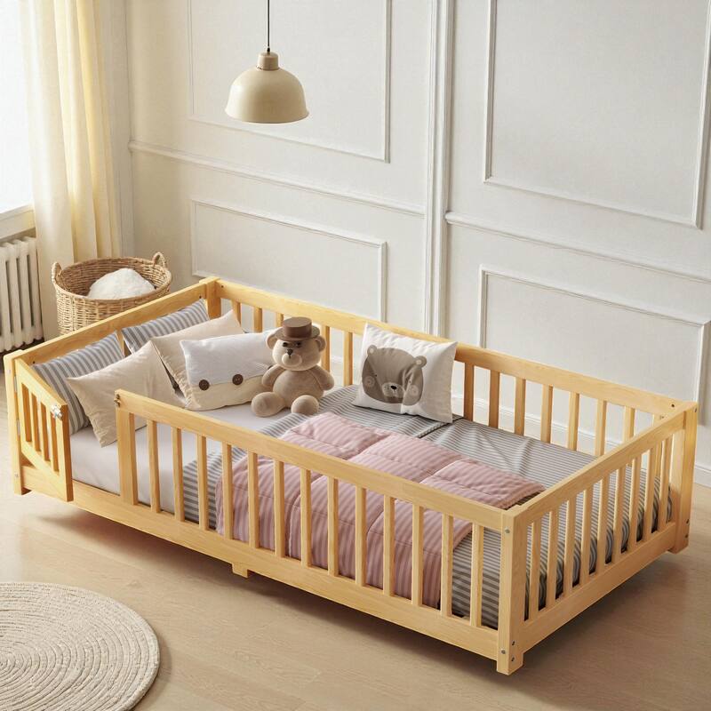 Twin/Full/Queen Size Wood Floor Bed with Door and Guardrails for Kids, Montessori Bed with Removable Slats - Natural - Twin