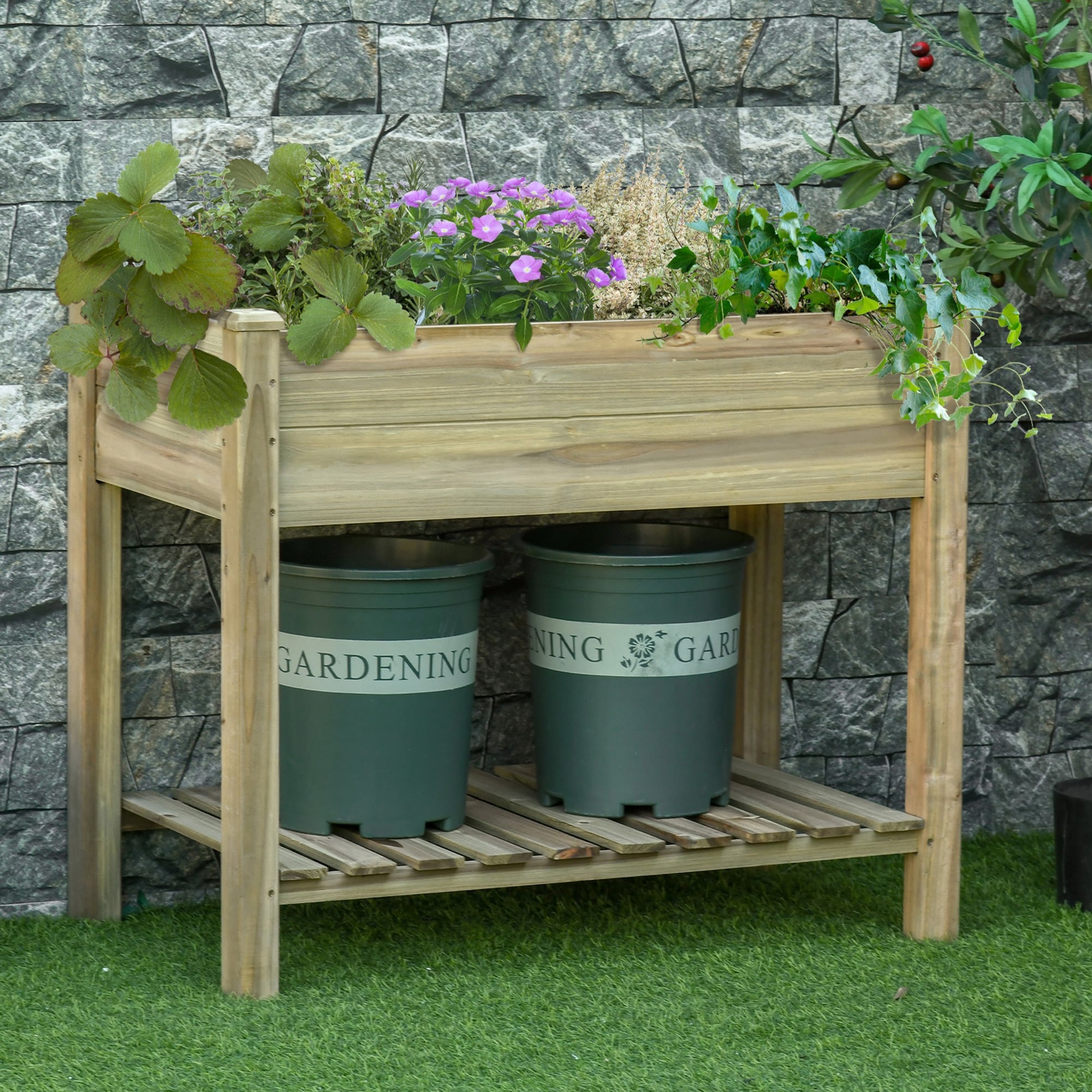 Outdoor Elevated Garden Planter Bed with Storage Shelf Draining System