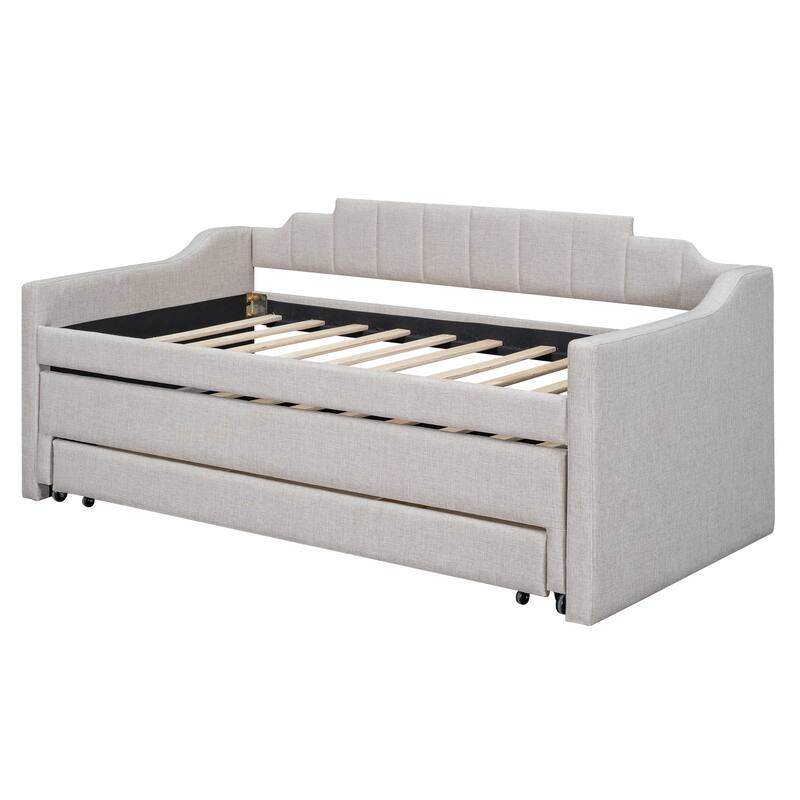 Twin Size Upholstered Daybed with Trundle and Three Drawers in Beige