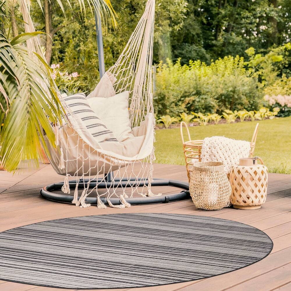 Beverly Rug Dark Grey Striped Indoor Outdoor Rug, Outside Carpet for Patio, Deck, Porch