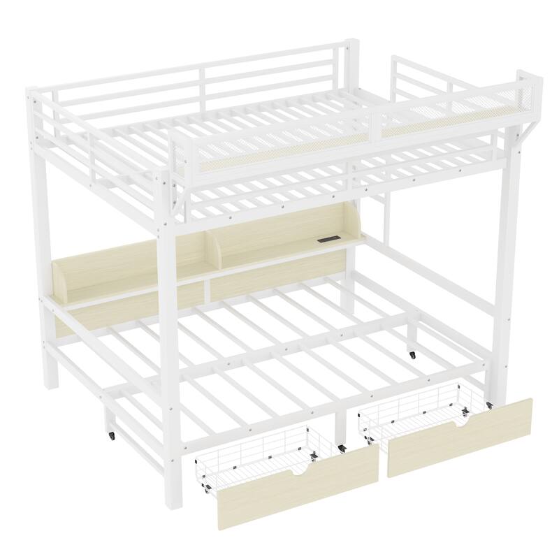 Queen over Queen Bunk Bed with Storage Shelves & Drawers, USB Ports & LED Lights, Convertible Sofa Lower Bed