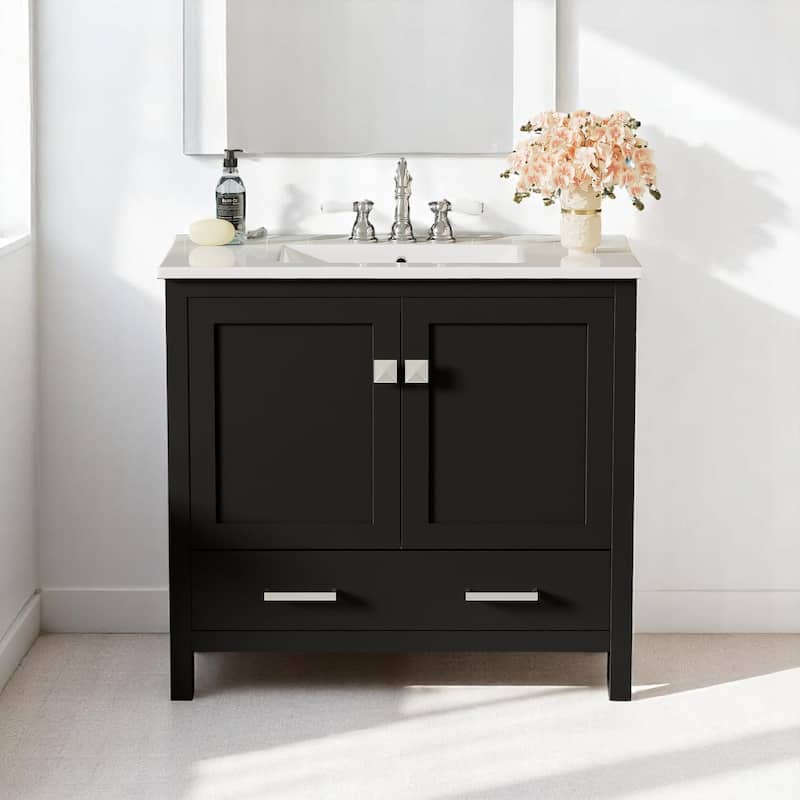 36" Modern Bathroom Vanity with Ceramic Sink, Soft-Close Doors, Drawer Divider & Storage Shelves - Black