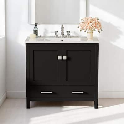 36" Modern Bathroom Vanity with Ceramic Sink, Soft-Close Doors, Drawer Divider & Storage Shelves