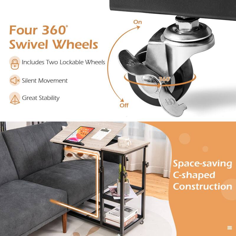 Height Adjustable C-Shaped End Table with Lockable Wheels and Tiltable Table Top - 31.5" x 16" x 25"-37.5"