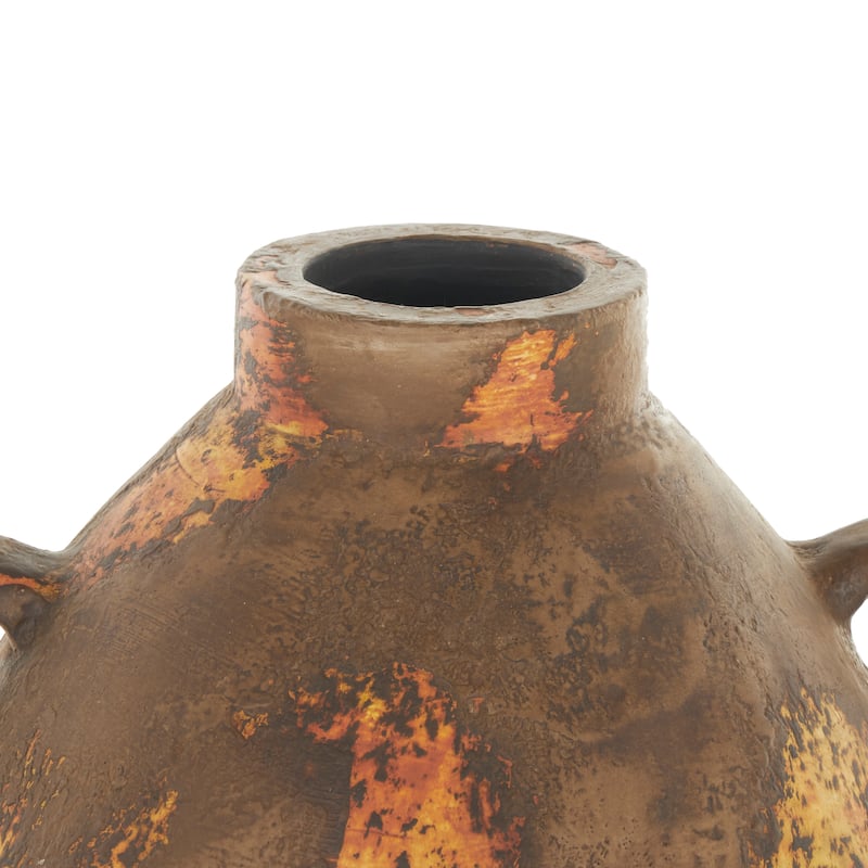 Ceramic Antique Style Distressed Vase with Grooves and Handles - Brown - Roche River Decor - 12"W x 11"L x 15"H