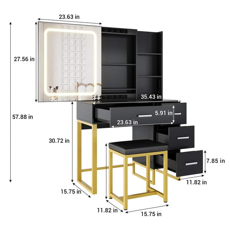 Makeup Vanity with Sliding LED Mirror, Charging Station, Drawers, Shelves & Stool