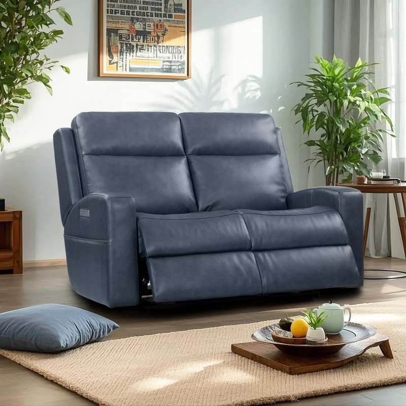 Genuine Leather Electric Recliner Loveseat Power Reclining Loveseat with Storage, USB Charge Port for Living Room - Blue