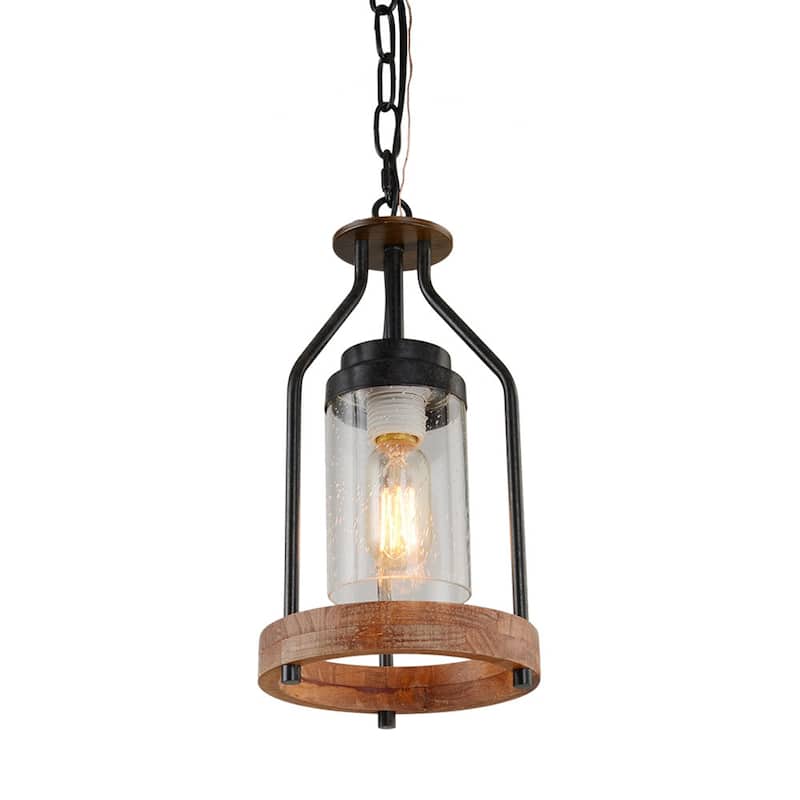 Anmytek Farmhouse 1-Light Black Cage Pendant Light Cylinder Glass Kitchen Island Lights for Dining Room - 7.1"D x 14.5" H