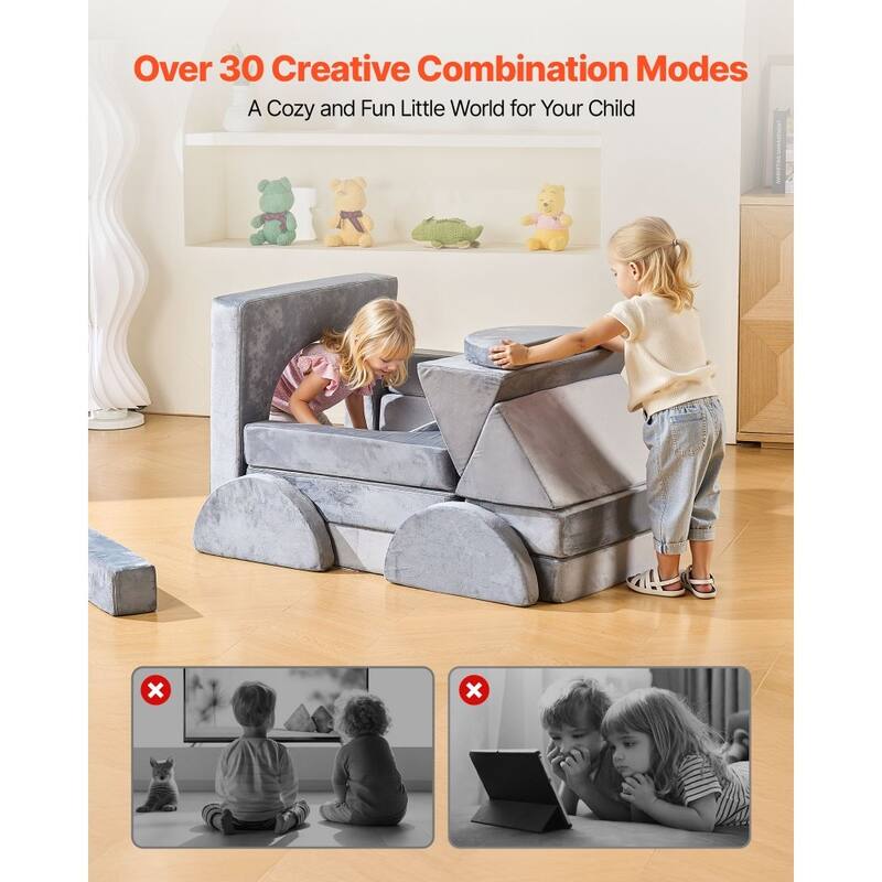 Grey 14-Piece Modular Kids Play Sectional Sofa Set with Foam Cushions for 4 Children Creative Play - 55.3 x 27.5 x 20.8 in