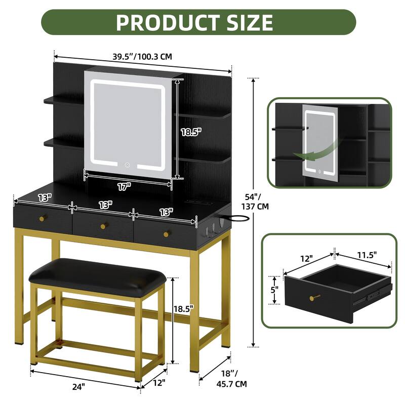 Moasis 3 Drawers Makeup Vanity Desk Set with Lights and Mirror & Stool