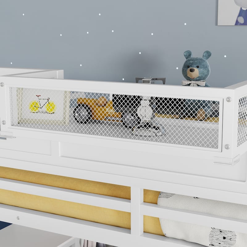 White High Loft Bed Frame with Storage Stairs and Wardrobe, Loft Metal Frame Bed with High House Shaped Guardrails for Kid Teens