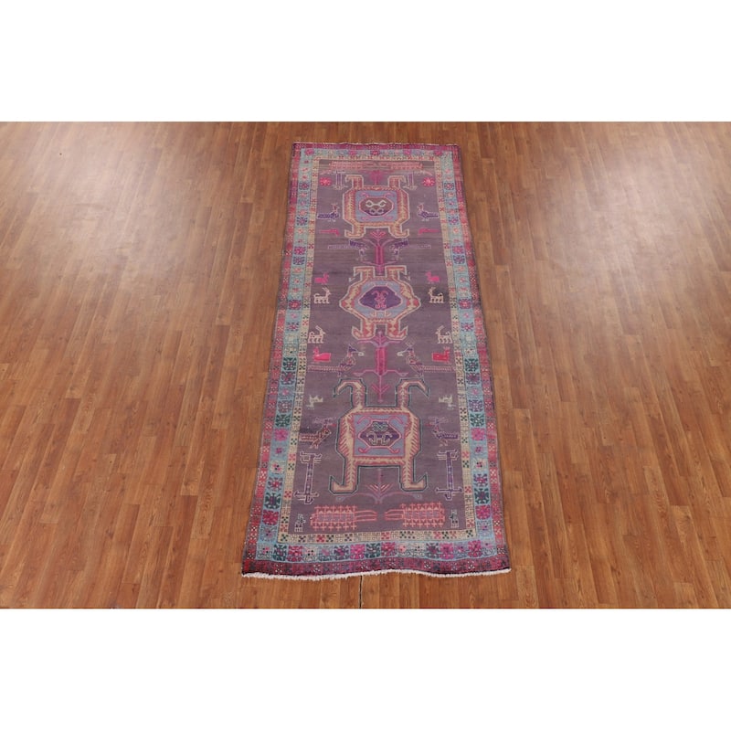 Purple Tribal Ardebil Persian Vintage Runner Rug Handmade Wool Carpet - 3'10" x 9'7"