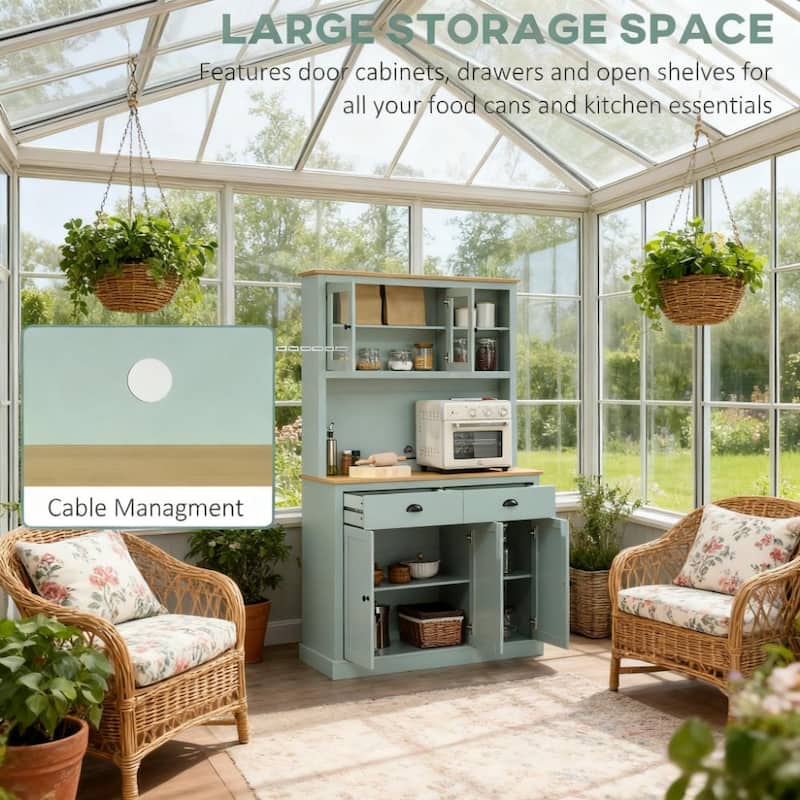 Light Blue Pantry Storage Cabinet Freestanding Kitchen Buffet with Hutch with Drawers, Glass Doors, and Adjustable Shelves
