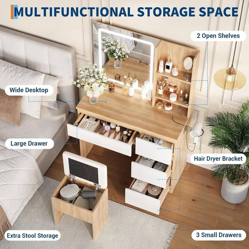 4 Drawers Vanity Desk with Power Outlet, Stool, Mirror and LED Light