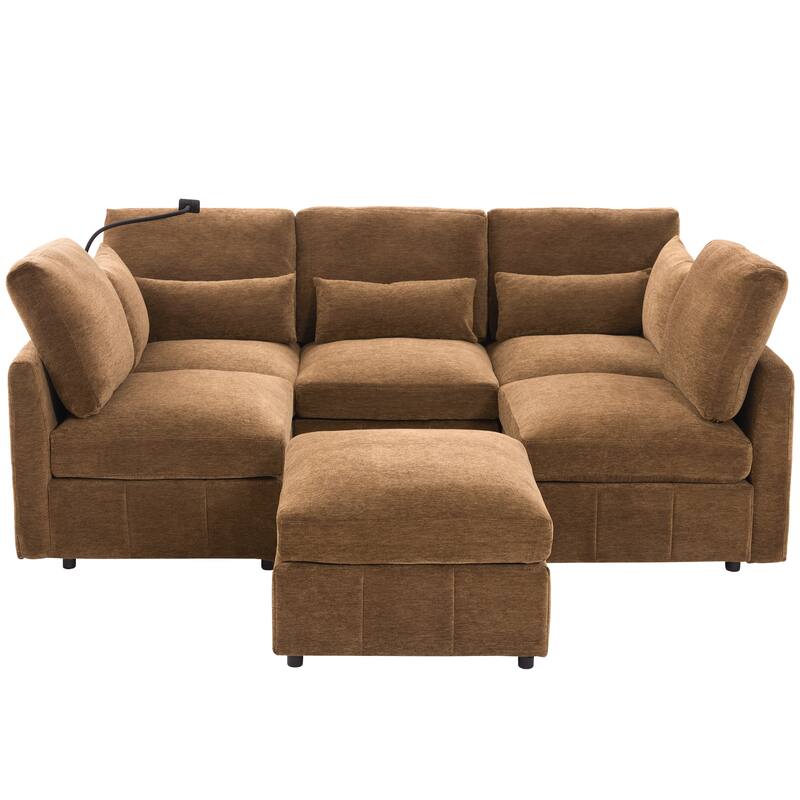 U Shaped Modular Sectional Sofa with Movable Ottoman, Chenille Upholstered 5-Seater Sofa with 2 USB Ports & Phone Holder