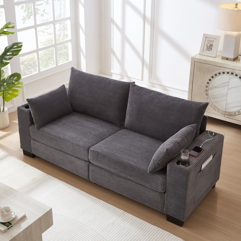 78" Corduroy 3-Seater Sofa with USB Ports, Cup Holders and Side Pockets - Grey