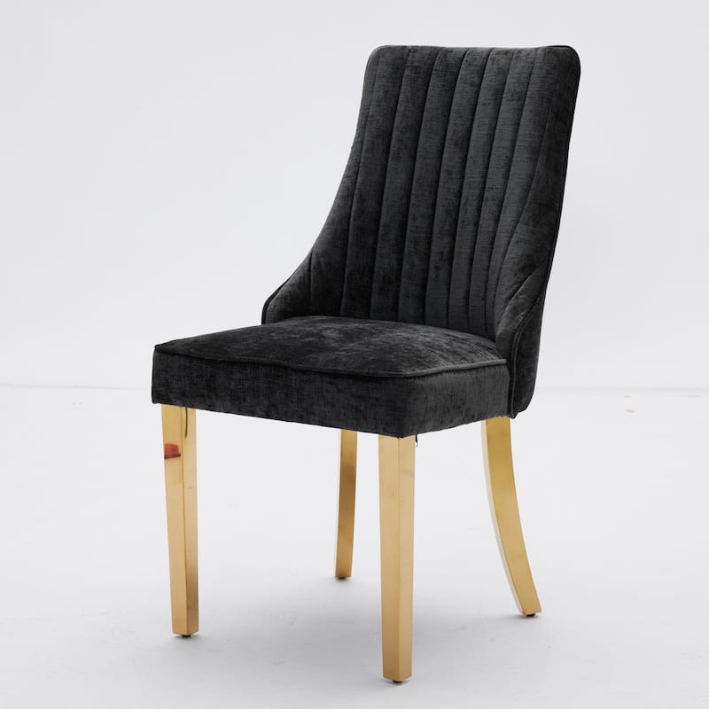 Beige Chenille Dining Chairs Comfy Fabric Upholstered Accent Chair w/ Stainless Steel Plating Legs - Set of 2