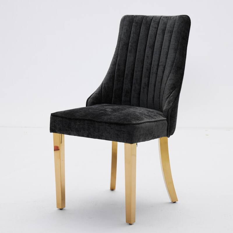 Rayon Flocking Chenille Dining Chairs, Comfy Upholstered, Golden Stainless Steel Legs, Set of 2 - Kitchen/Dining Accent Chairs