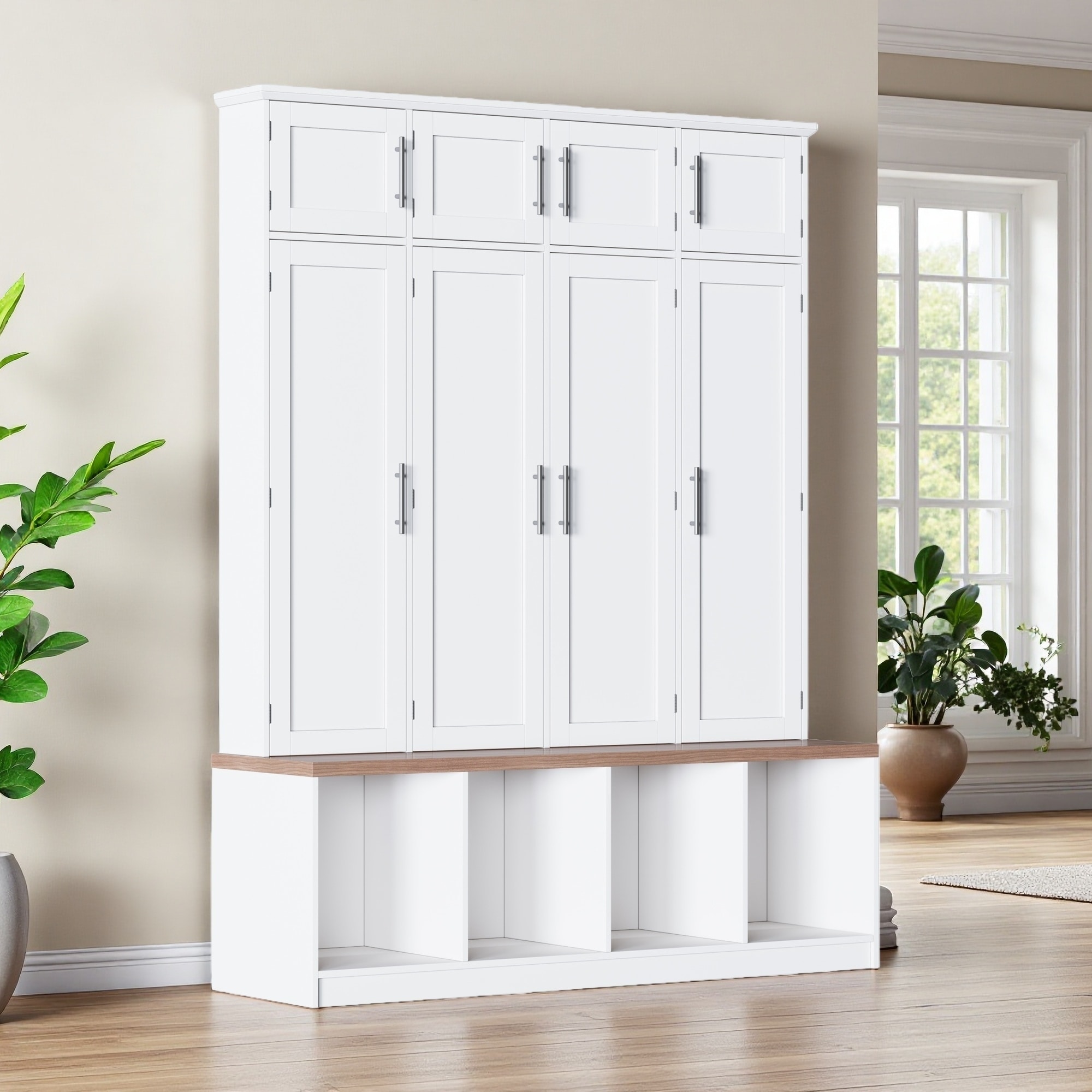 59"L Hall Tree Walnut Seat With MDF Frame 4 Hooks & 8 Cabinets - Multi-functional Storage Bench for Entryway, Living Room