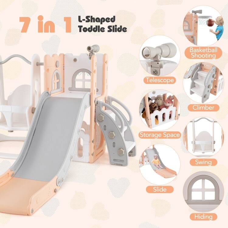 Pink-White HDPE 7-in-1 Kids Slide Set with Swing and Basketball Hoop - 56" x 65" x 33.5" (L x W x H)