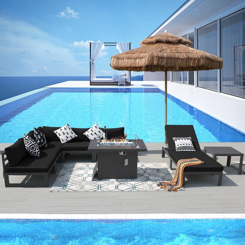 FINCATI Aluminum Outdoor Patio Furniture Conversation Sectional Sofa Set - 8 Pieces - Black