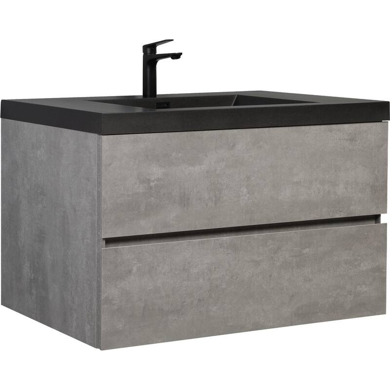 36" Wall-Mounted Floating Vanity with Premium Quartz Sand Basin, Grey Modern Storage Cabinet