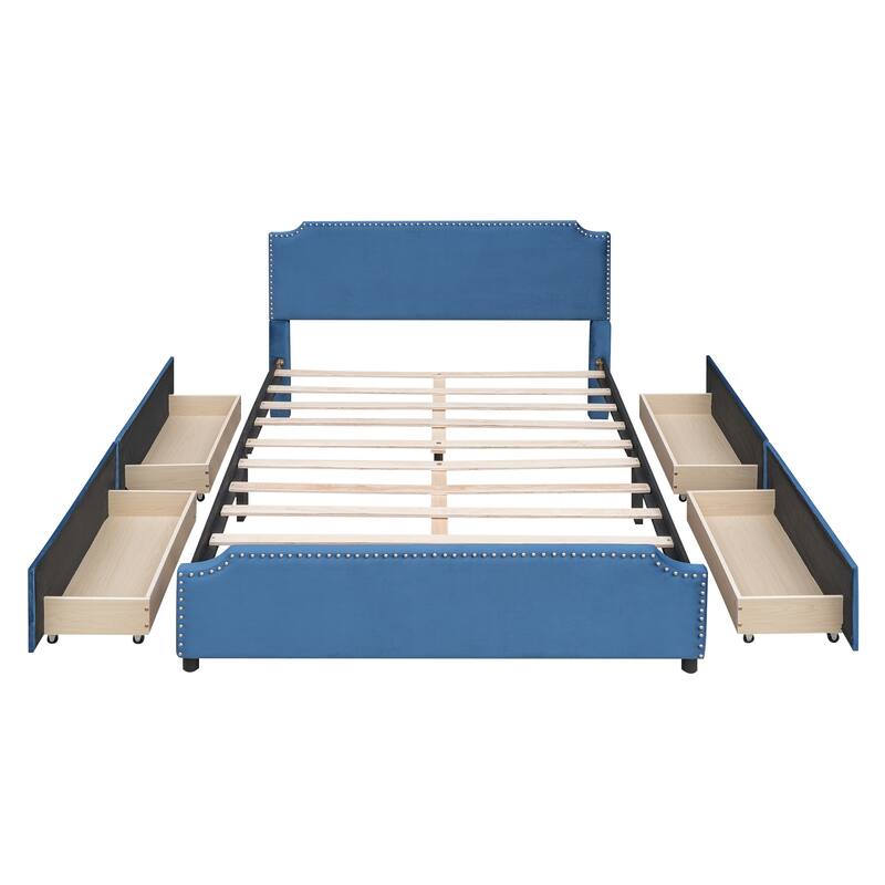 Upholstered Platform Bed with Stud Trim and 4 Drawers