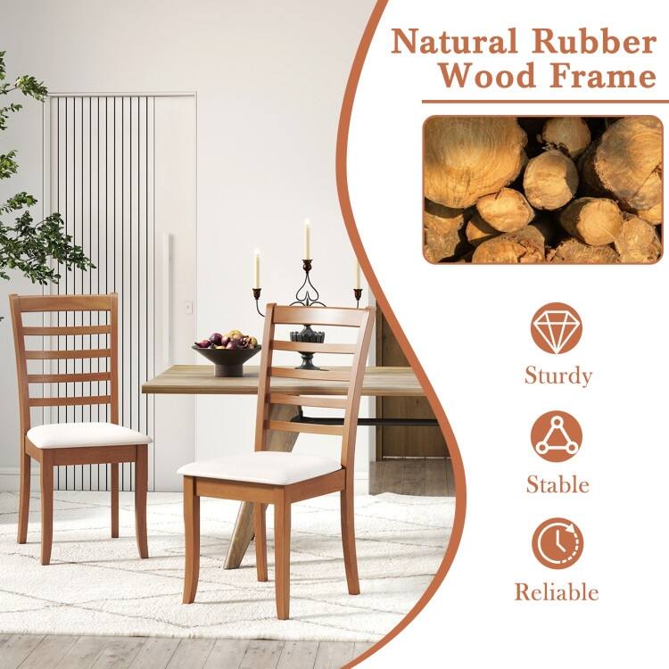 Beige Rubber Wood Kitchen Chairs Set of 2 with Slat Back and Cushioned Seats - 17.5" x 22" x 38"