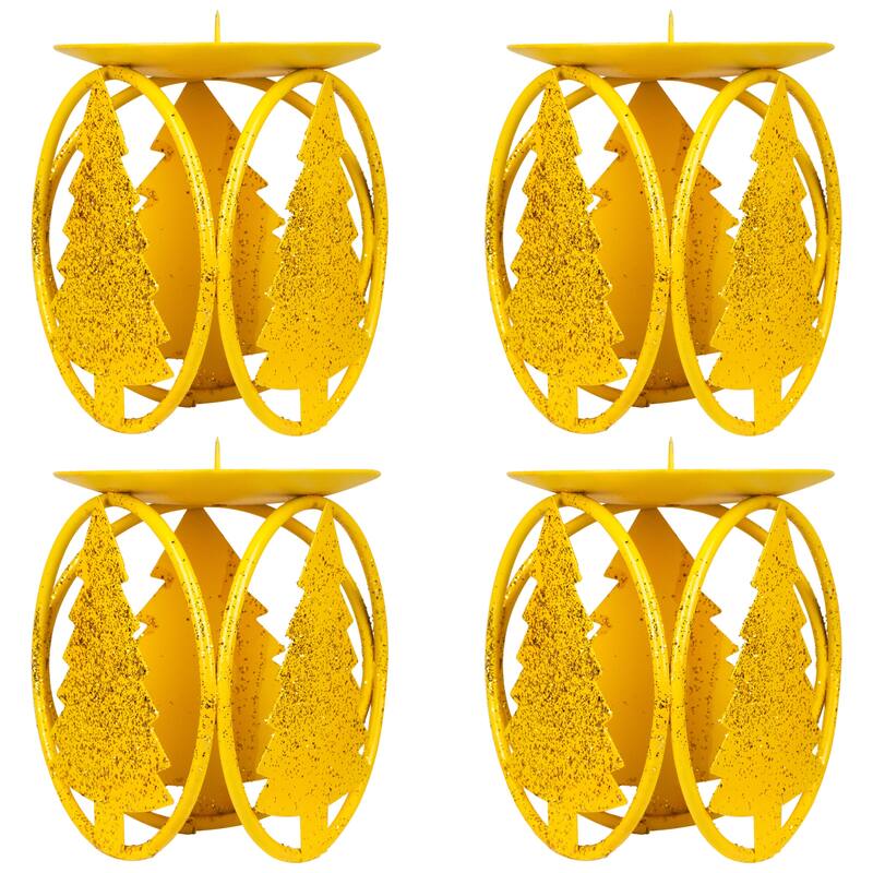 Glittered Metal Christmas Tree Pillar Candle Holders - 4.25" - Set of 4