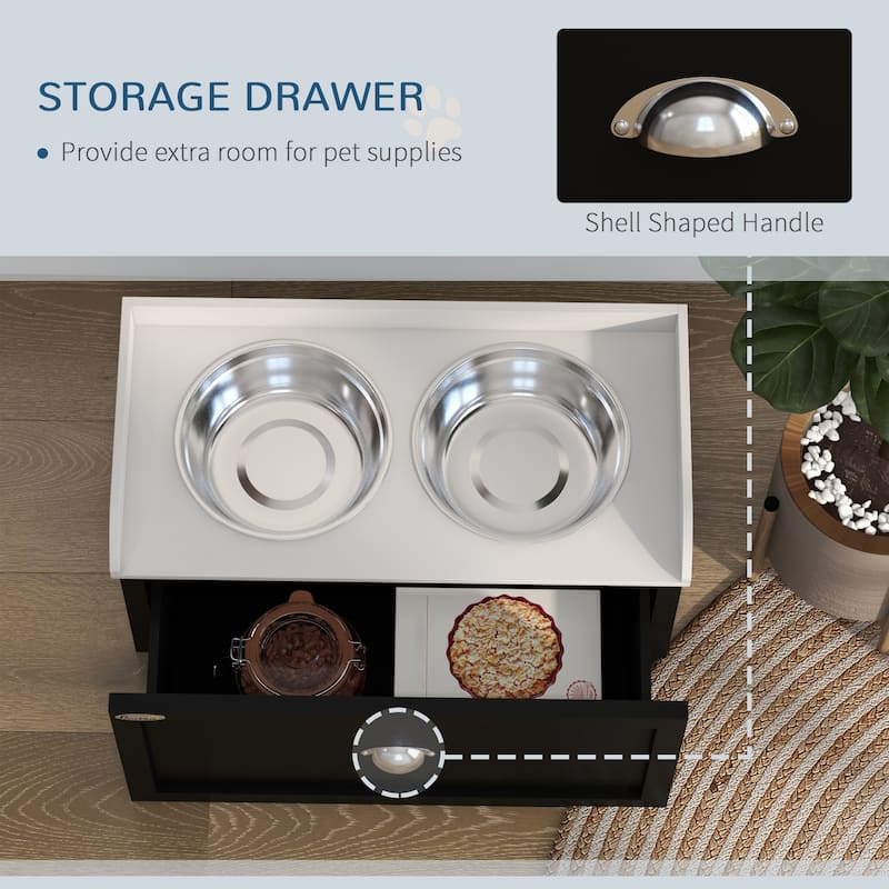 PawHut Dog Feeding Station with Storage Drawer, Removable Elevated Dog Bowls for Large Sized Dogs, White and Black