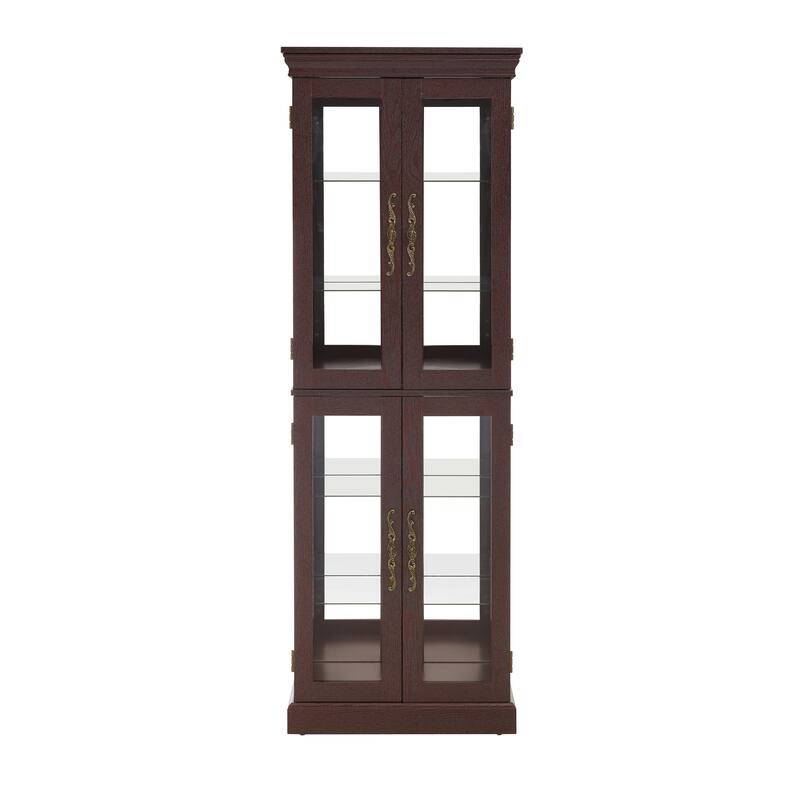 Lighted Curio Display Cabinet, Floor Standing Wooden China Cabinet with Mirrored Back Pane, 4 Glass Doors & Adjustable Shelves