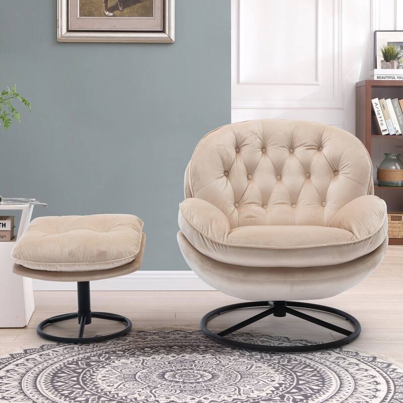 Velvet Swivel Accent Chair with Ottoman & Metal Legs (360° Rotation)