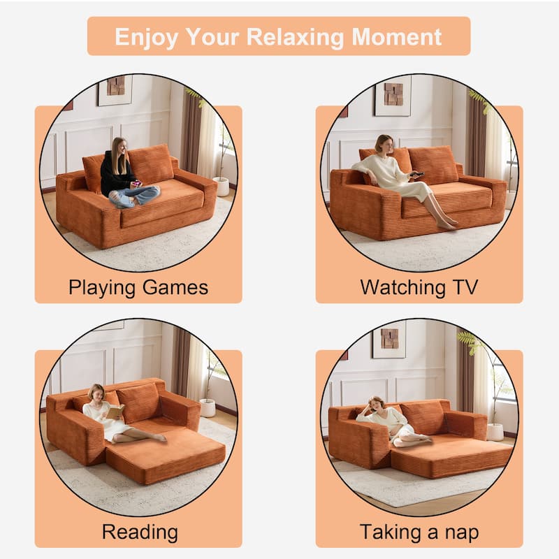 Floor Corduroy Deep Seat Loveseat Sofa with Folding Mattress Convertible Sleeper Sofa Bed with Reversible Cushion and Pillows