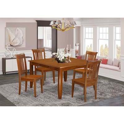 HomeStock 5-Piece Square Saddle Brown Finish Solid Wood Top Dining Table with 4 Chairs with Lattice Back