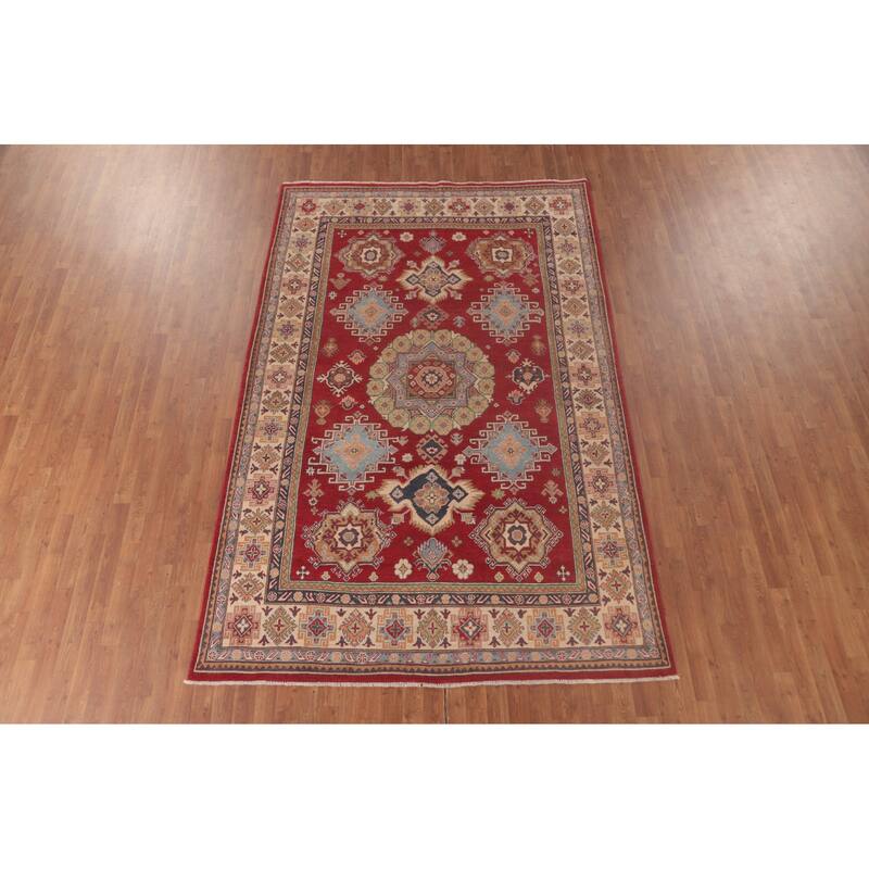 Red Geometric Kazak Oriental Area Rug Handmade Wool Carpet - 6'4" x 9'9"
