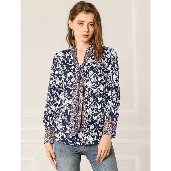 shop allegra k women s floral shirts long sleeves tie v neck blouse overstock 30888842 usd