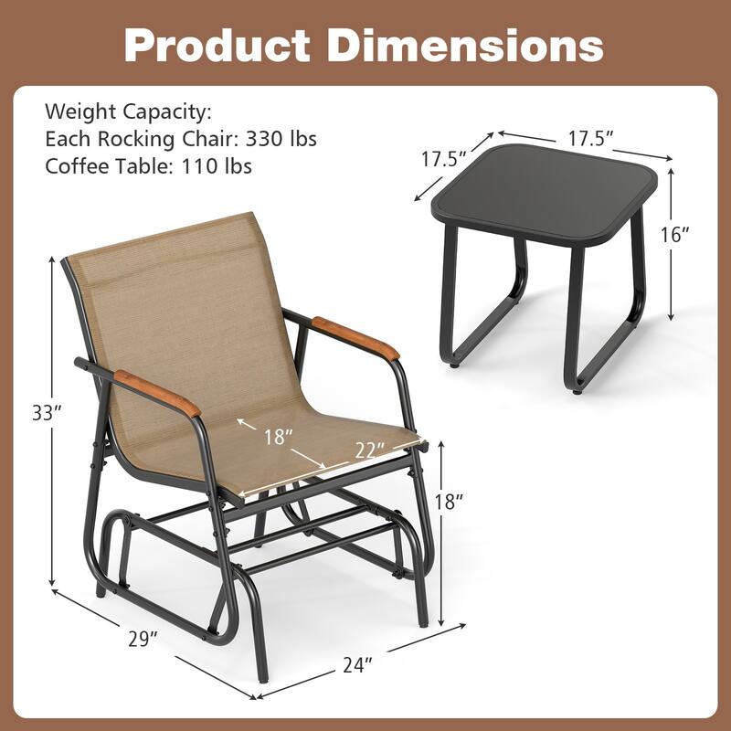 3-Piece Outdoor Patio Glider Set with Rocker Chairs Teak Arms and Tempered Glass Table - 29" x 24" x 33"