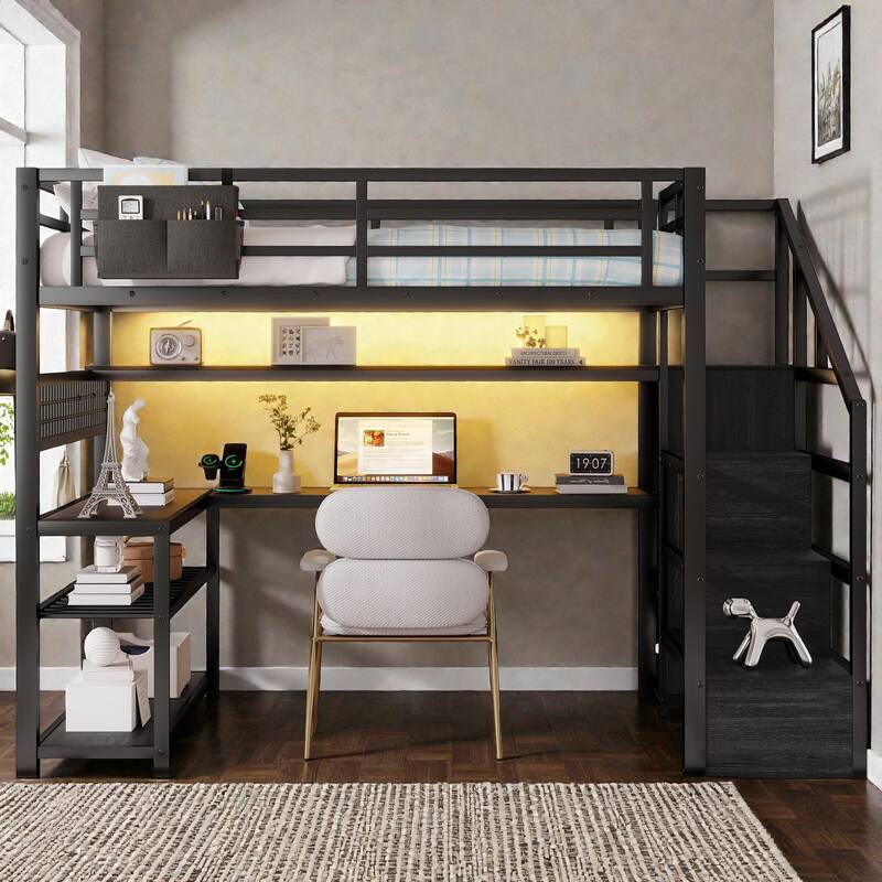 Full Size Metal Loft Bed with Staircase Storage, Wardrobe, Desk, Shelves, LED Lights and Charging Station