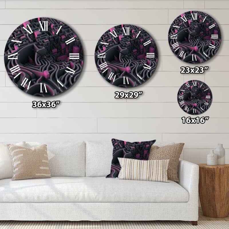 Designart "Futuristic Labyrinth Purple Maze Matrix II" Modern Geometric Oversized Wall Clock