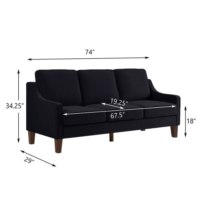 Modern 74" Velvet 3-seater Upholstered Sofa with Scooped Armrest and Removable Cushions for Living Room