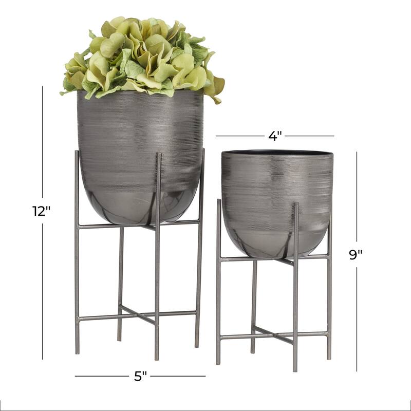 Metal Indoor Outdoor Planter with Removable Stand - Set of 2 Silver, Gray, Gold - Roche River Decor