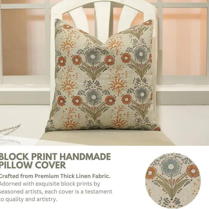 Fabdivine Rustic Thick Linen Block Print Orange Cushion Cover Throw Bedroom, Vanshika