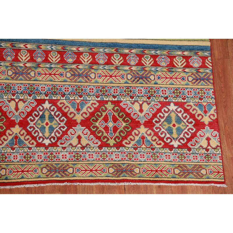 Hand Knotted Oriental 100% Wool Carpet Traditional Geometric Multi-Colored Kazak Area Rug - 11' 9'' X 8' 3''