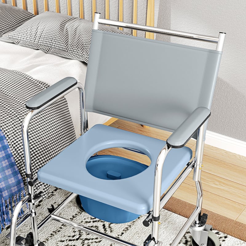 HOMCOM Rolling Shower Chair with Wheels, Bedside Commode Wheelchair with Padded Seat, Backrest, for Handicap