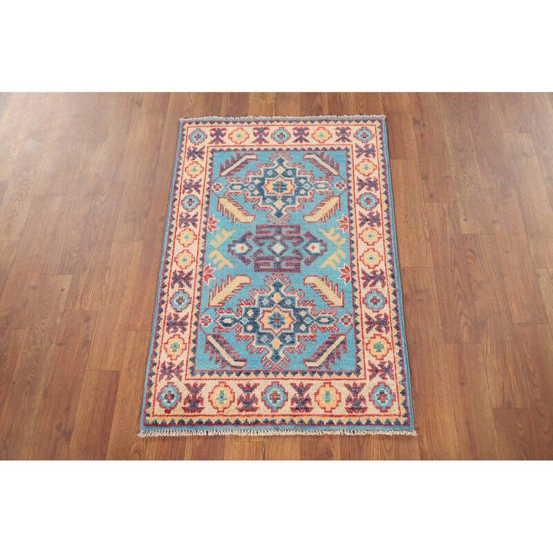 Hand Knotted Oriental 100% Wool Carpet Traditional Geometric Navy Blue & Blues Kazak Area Rug - 3' 0'' X 2' 0''