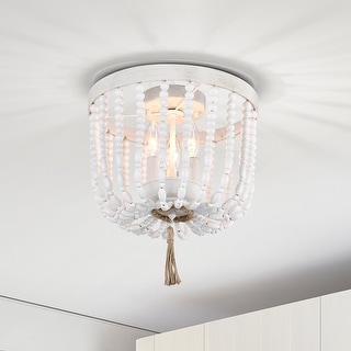Wood Beaded 3 Light Flush Mount Chandelier White Boho Dining Room by ShipItFurniture main image 1