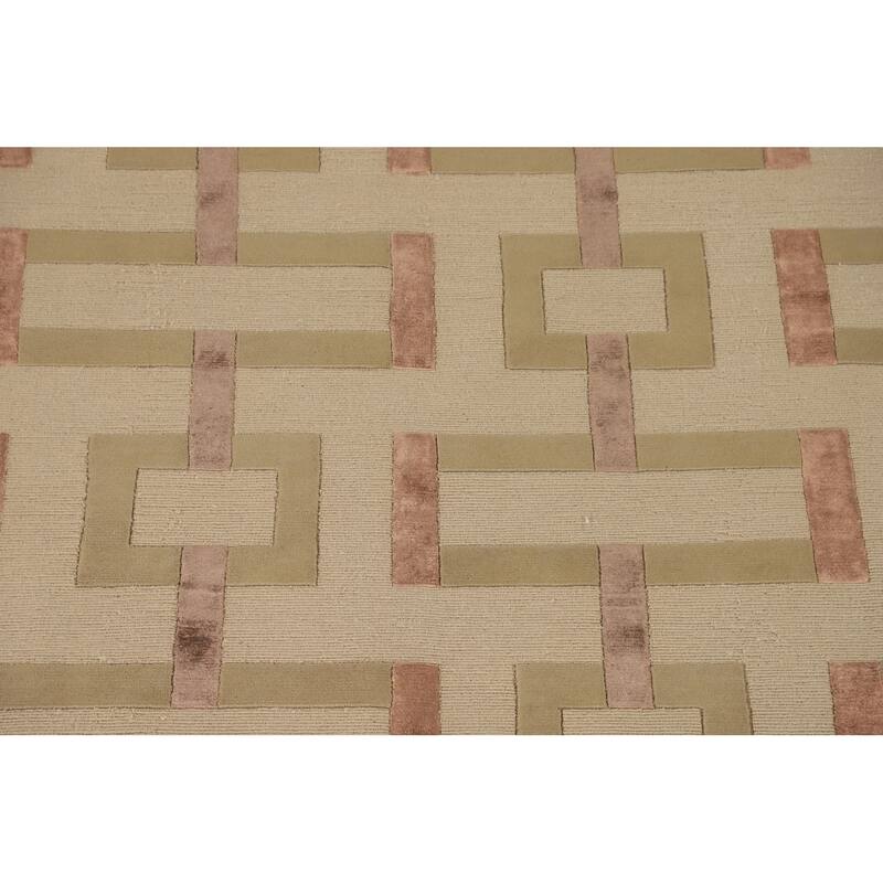 Geometric Beige Nepalese Oriental Area Rug Hand-Knotted Wool Carpet - 9'1" x 12'1"